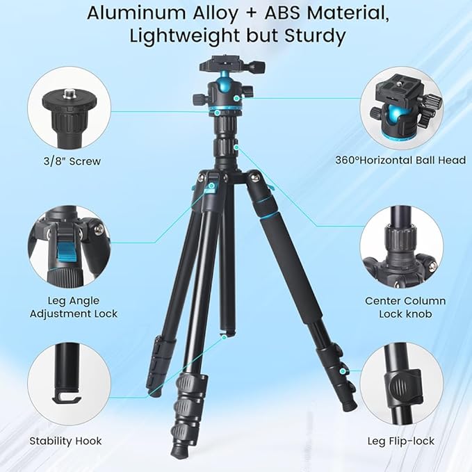 Camera Tripod, 68" / 174cm Lightweight Travel Monopod with 360°Ball Head Payload 15 lbs, Adjustable Height from 17" to 68" Professional Stand for DSLR Camera Shooting