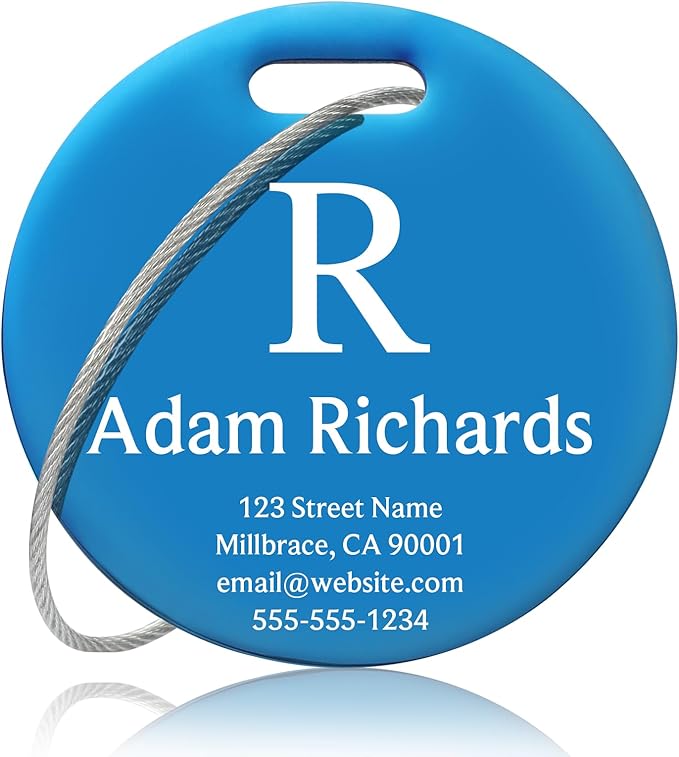 Customized Stainless Steel Luggage Tags: Personalize Your Suitcases, Backpacks, and Bags with Your Text (Blue)