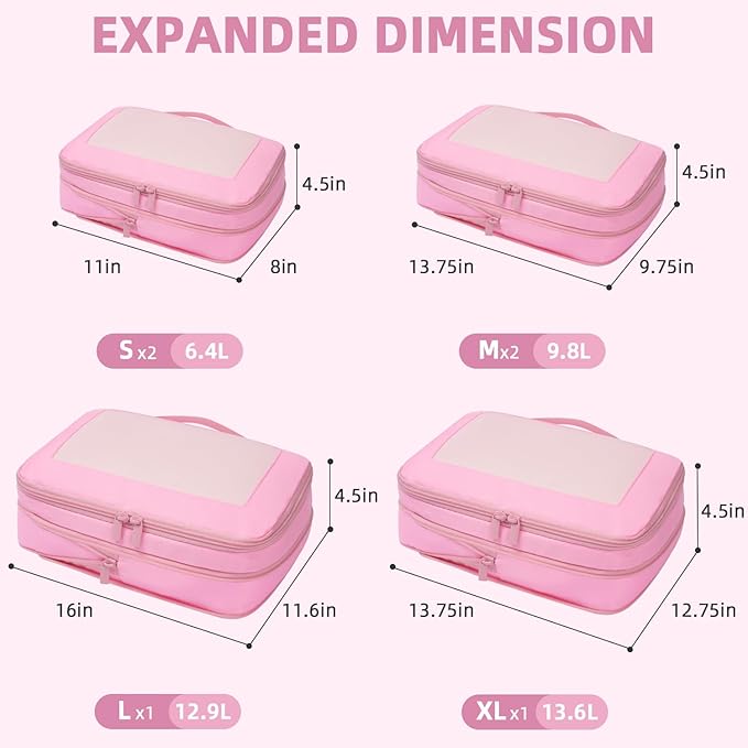 BAGAIL 4 Set/6 Set/8 Set Compression Packing Cubes Travel Accessories Expandable Packing Organizers (Square Mesh, 06-Pink)