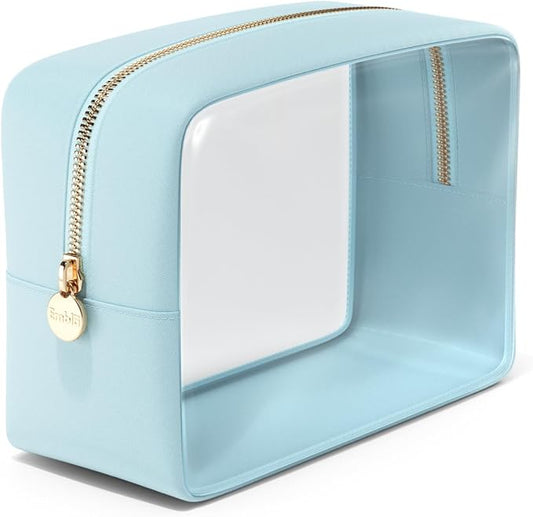 Clear Makeup Bag Zipper Pouch, Transparent Cosmetic Case Organizer, TSA Approved Travel Toiletry Case, Travel Accessories Essentials Makeup Tote for Women, Large Cute Make up Bag for Purse - Sky
