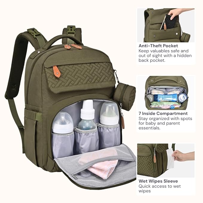 BabbleRoo Diaper Bag Backpack, Travel Backpack with Changing Pad, Pacifier Case & Stroller Straps, Multifunction, Waterproof, Unisex – Army Green