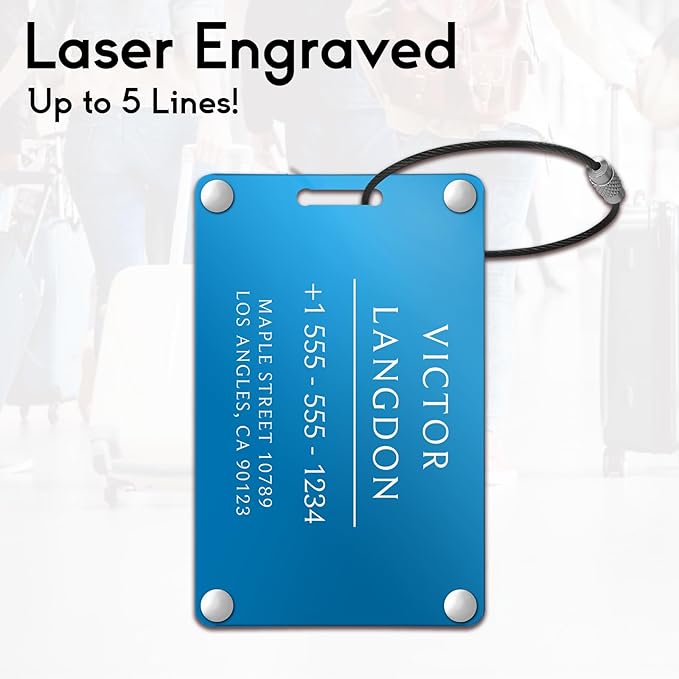 Personalized Luggage Tags for Suitcases - Aluminum Custom Luggage Tags for Backpacks & Bags, Sturdy, Waterproof & Heavy Duty (Blue/Card-Sized)