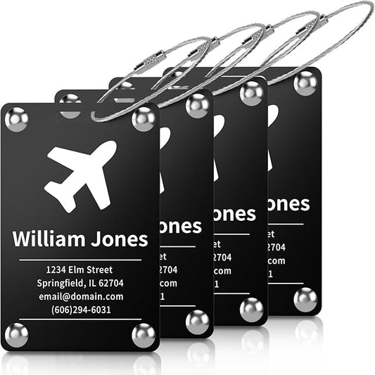 4 Pack Personalized Luggage Tags for Suitcases, Handmade Engraved Stainless Steel Custom Luggage Tags for Cruise Travel with Stainless Loop, Suitcase Identifier Metal Name Baggage Tag