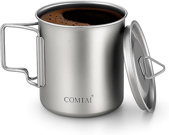 Titanium Camping Pot Mug 15oz (420ml) with Lid and Foldable Handle – Ultralight Camping Cup for Hiking, Backpacking, Outdoor Cooking, Silver