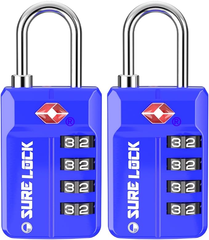 SURE LOCK TSA Approved 4-Digit Resettable Combination Luggage Locks with Open Alert, Easy-Read Dials - for Luggage, School Lockers, Gym, Office, Toolbox & Security Cases(Blue 2 Pack)
