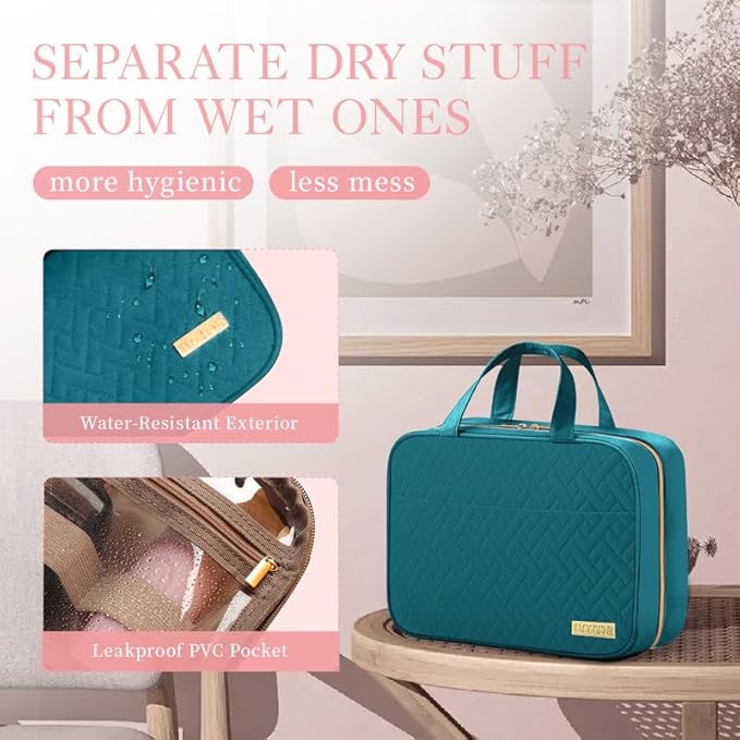 HOTOR Travel Toiletry Bag w/Hanging Hook - Spacious Toiletry Bag Essentials for Women & Men, Makeup Bag/Big Comparment, Waterproof for Travel Accessories, Medium, Teal