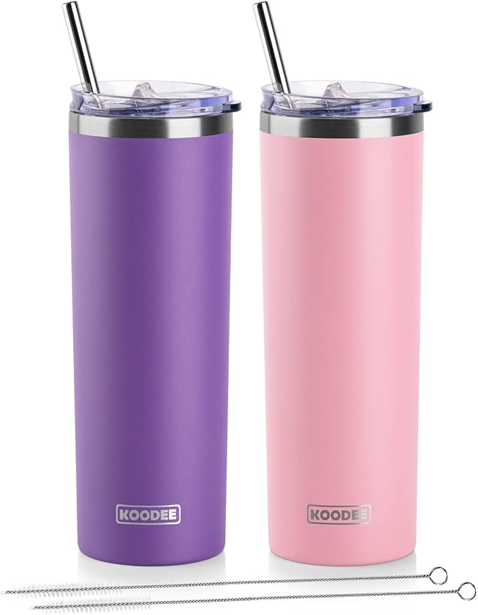 koodee 20 oz Skinny Tumbler (2 Pack) Stainless Steel Double Wall Insulated Water Tumbler Cup with Straw, Slim Travel or Women Diy Birthday Gift (Purple-Pink)