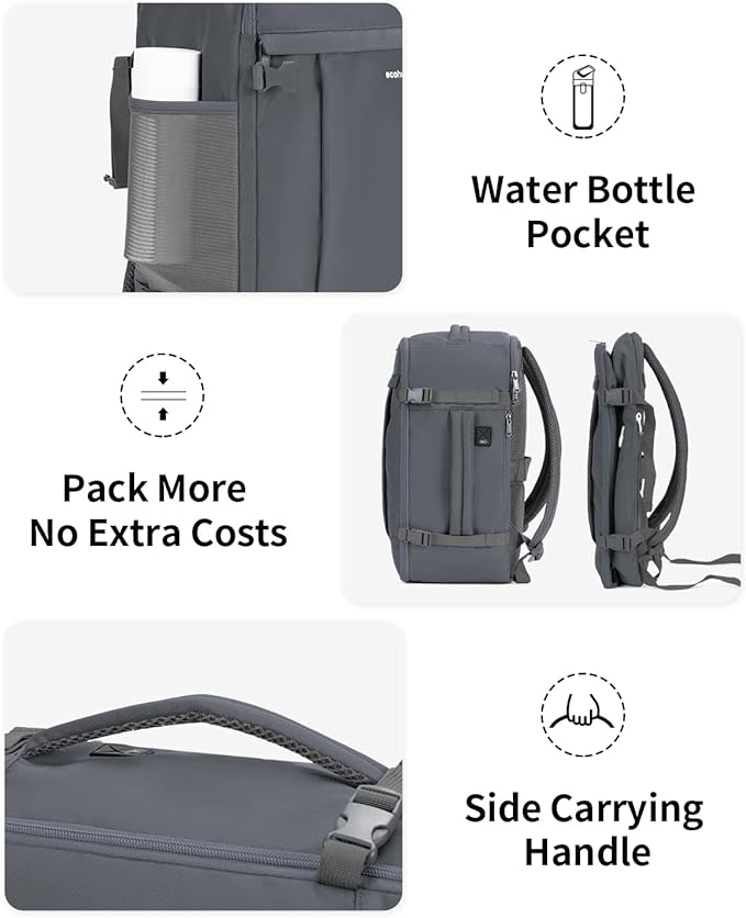 ECOHUB Travel Backpack for Men Women, Carry on Backpack with USB Charging Hole, Spirit Airlines Personal Item Bag Flight Approved, 15.6 Inch Laptop Backpack with Anti Theft Pockets, 30L, Grey