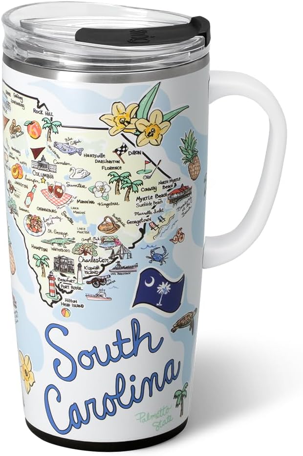 Swig Life 22oz Travel Mug, Insulated Tumbler with Handle and Lid, Travel Coffee Mug, Cup Holder Friendly, Stainless Steel 22 oz Tumbler, Reusable Insulated with Lid (South Carolina)