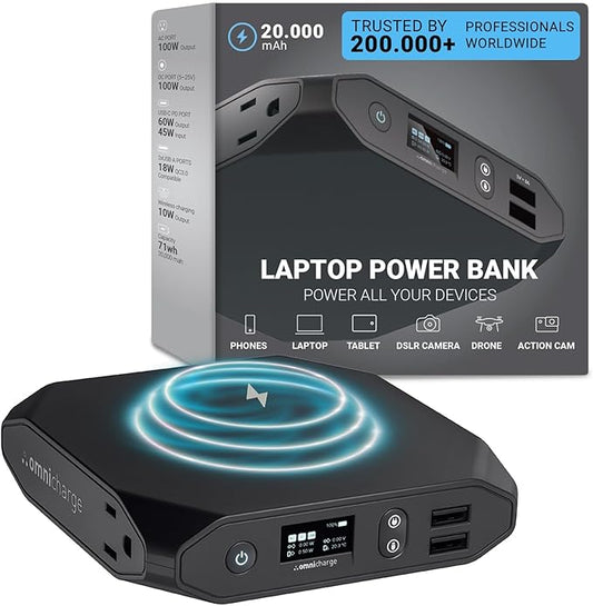 Omni 20+ Professional Premium Portable Power Bank with AC Outlet 20,000mAh/71Wh,Laptop Power Bank,Universal Charger for All Devices, Fast Charging USB-C & QC 3.0, Travel-Friendly Power Solution