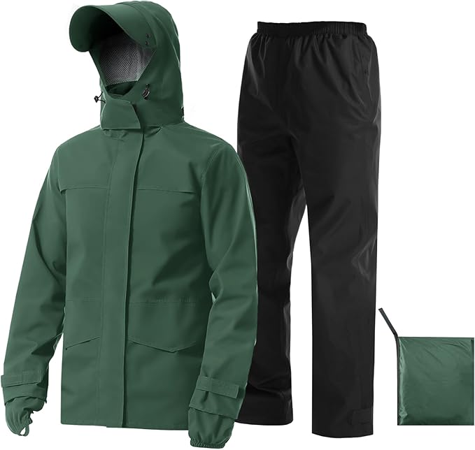 iCreek Rain Suit Waterproof Jacket with Pants 2 Pieces Breathable Lightweight Packable Raincoat with Hooded Rain Gear Unisex