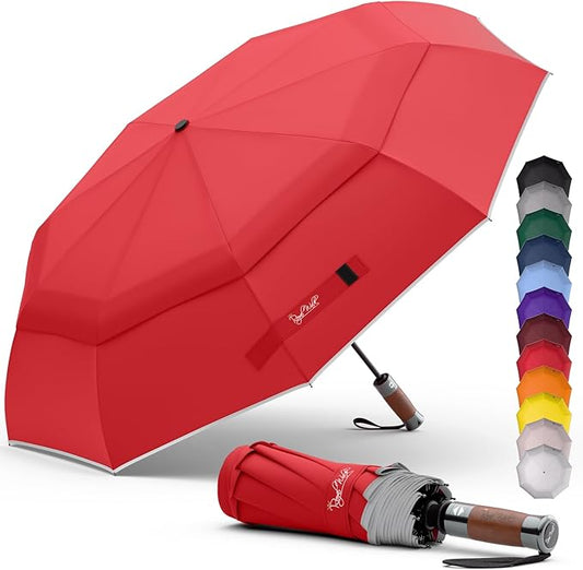 Royal Walk Windproof Folding Travel Umbrella Compact and Strong Luxurious Real Wood Handle Automatic Open Close Vented Double Canopy for Men and Women