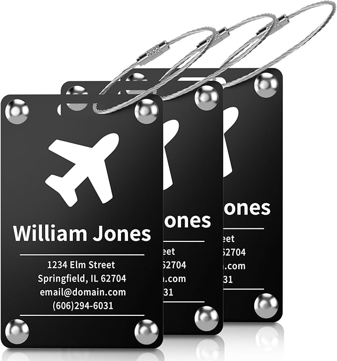 3 Pack Personalized Luggage Tags for Suitcases, Handmade Engraved Stainless Steel Custom Luggage Tags for Cruise Travel with Stainless Loop, Suitcase Identifier Metal Name Baggage Tag