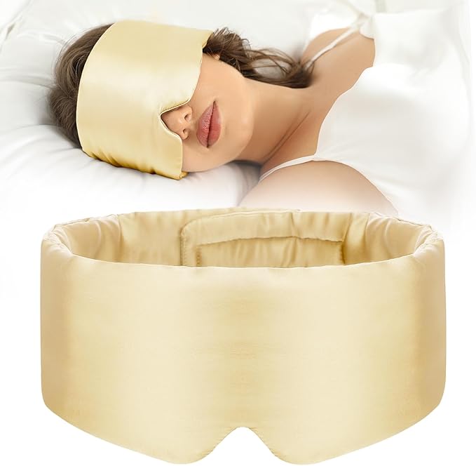 100% Mulberry Silk Sleep Mask Eye Mask for Women Man with Adjustable Band, for Side Sleeper Blackout Sleep Mask for Travel Rest and Office (Gold)