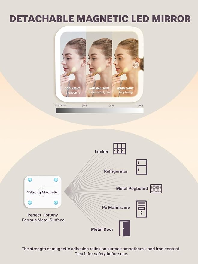 Qislee Makeup Box with A Detachable Lighted Mirror, Waterproof Travel Train Case, Cosmetic Organizer and Makeup Suitcase with Adjustable Dividers, Magnetic LED Mirror(Icy Pink)