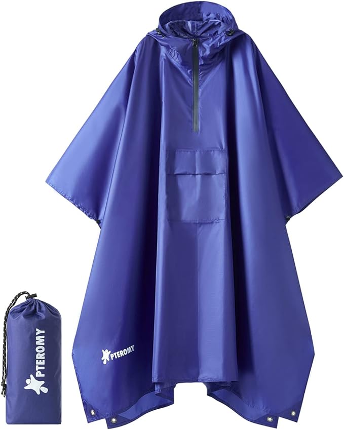 PTEROMY Hooded Rain Poncho for Adult with Pocket, Waterproof Lightweight Unisex Raincoat for Hiking Camping Emergency
