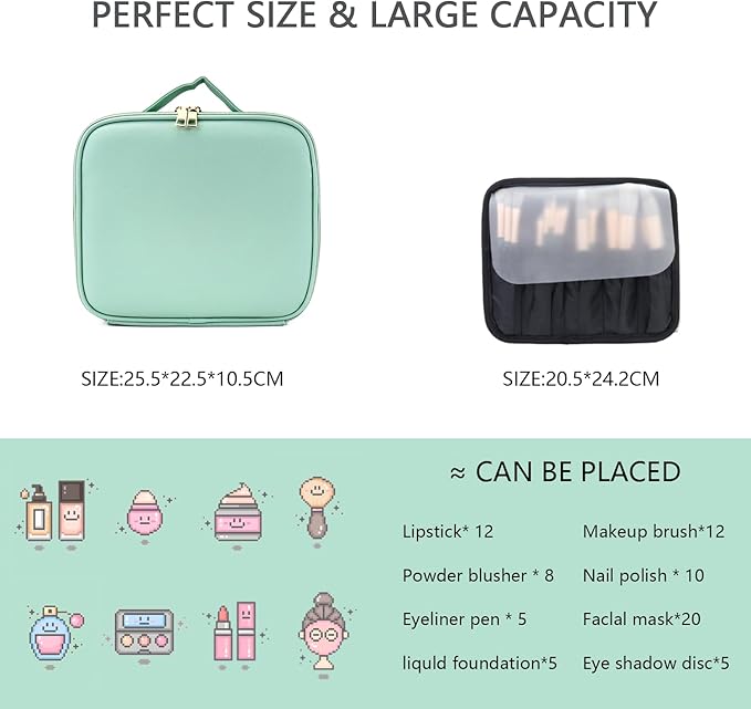 Makeup Bag with Led Mirror,Travel Makeup Organizer with 3 Color Setting, Portable Storage and Adjustable Dividers Travel Makeup Bag(light green)