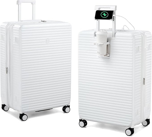 28 Inch Luggage Hard Shell Suitcases, Expandable Travel Checked Luggage 28 Inch, Large Check In Luggage with Spinner Wheels Cup Holder Charger Built in Lightweight Suitcase, White