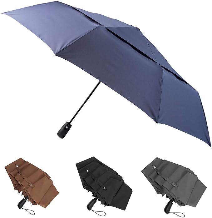 Large Umbrella Windproof 54 Inch Folds Into Portable Travel Size - Big Enough To Comfortably Fit In 2 Adults - Auto Open Close and Patented Vortex System For Superior Safety And Durability (Navy Blue)