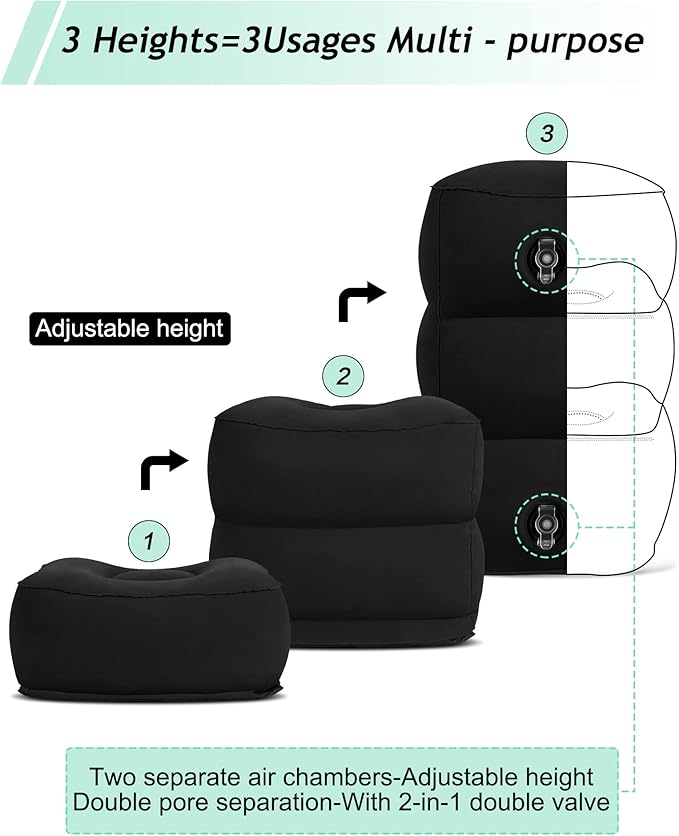 JefDiee Inflatable Travel Foot Rest Pillow, Kids Airplane Bed, Adjustable 3 Layers Height Leg Rest Pillow, Adults Travel Essentials Great for Airplane, Office, Home, Trains, Cars (Black)