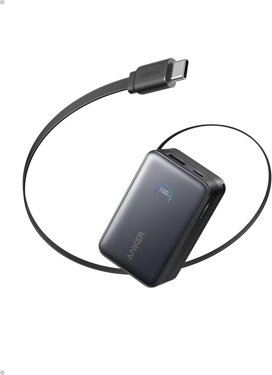 Anker Nano Power Bank, 10,000mAh Portable Charger with 2.3 ft InstaCord Retractable Cable, 45W Max Compact Battery Pack, Smart Display, for iPhone 16/17 Series, iPad, Galaxy, Pixel, and More