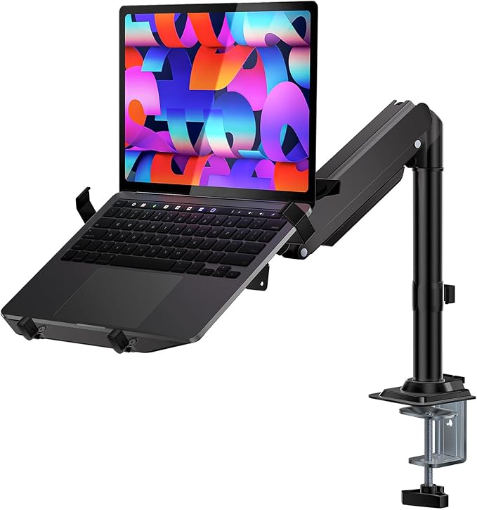WALI Laptop Tray Desk Mount, Laptop Arm Mount Fits 10-15.6 Inch Notebook, 2-in-1 Gas Spring Monitor Arm for 17-32 Inch Computer Screen, Holds up to 22lbs(GSDM00LP), Black