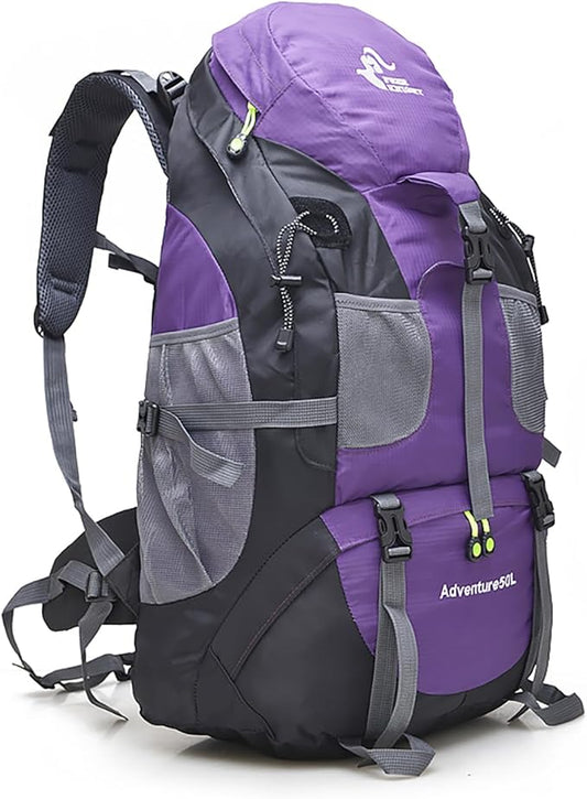 Bseash 50L Hiking Backpack, Water Resistant Lightweight Outdoor Sport Daypack Travel Bag for Camping Climbing Skiing Cycling (Purple - No Shoe Compartment)