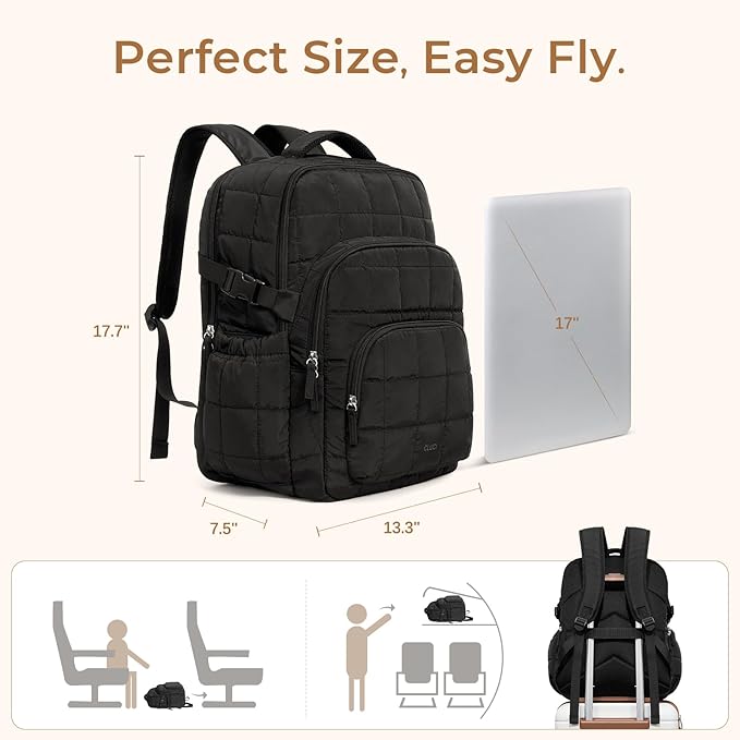 CLUCI Wrinkle-Resistant Laptop Backpack for Women, 17.3 Inch Anti Theft Travel Backpack, Puffer Quilted Work Backpack, Water Resistant College Bookbag with RFID