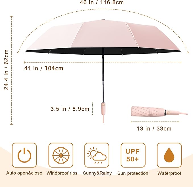 2-Pack Windproof, Waterproof, UV-Blocking Portable Travel Umbrella, Compact Sun & Rain Folding Umbrella, Double Rib Structure, Large Auto Open and Close Car Umbrella