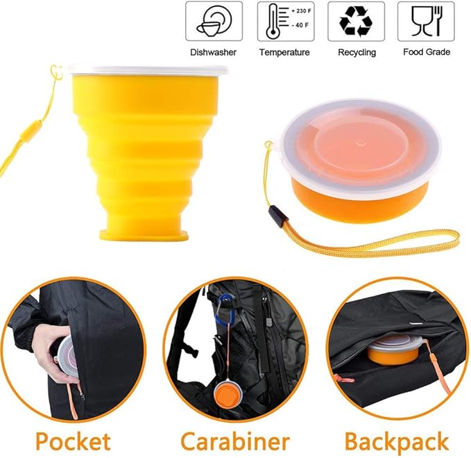 Silicone Collapsible Travel Water Cup, 6Pack Collapsible Silicone Cup with Lid, Expandable Drinking Cup Set, Reusable Mug for Camping, Hiking, Travel