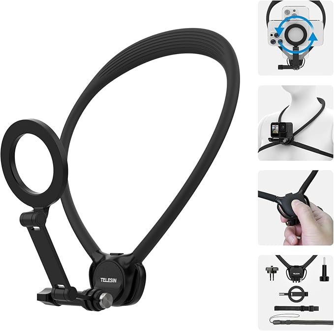 TELESIN Neck Mount Se 2.0 Combo Set, Magnetic Phone Holder for iPhone Android, Chest Strap Hand Free POV Video Phone Stand for iPhone 16 15 14 13 12 Samsung Android Action Cameras