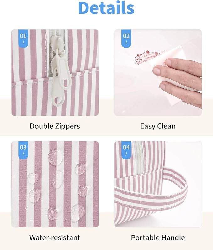 Narwey Clear Toiletry Bags for Traveling Women Men, Clear Travel Bags for Toiletries Makeup Bag Cosmetic Bag with Zipper, Make Up Organizer, Skincare Bag (Dusty Pink Stripe)