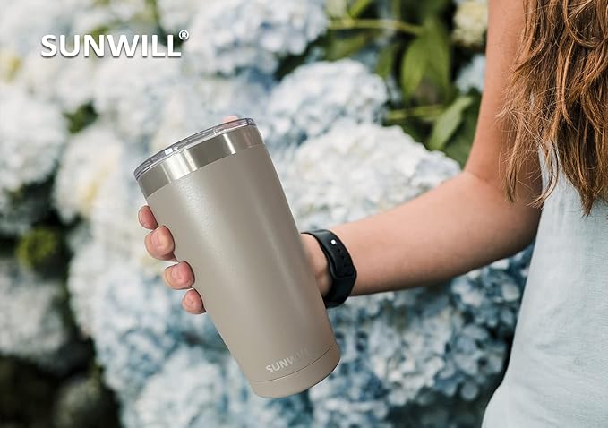 SUNWILL Travel Coffee Tumbler 20 oz, Insulated Mug with Lid, Stainless Steel Cup for Outdoor, Powder Coated Taupe