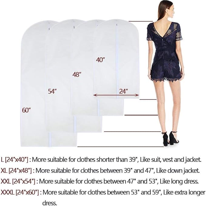 Garment Bag Covers 24'' x48'' Garment Bags White Breathable Full Zipper Dust Cover for Clothes Storage Closet Pack of 6