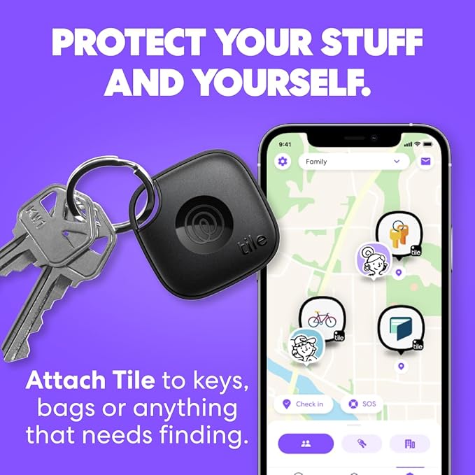 Tile by Life360 Mate - Bluetooth Tracker, Keys Finder and Item Locator for Keys, Bags and More. Phone Finder. Both iOS and Android Compatible. 4-Pack (Black)