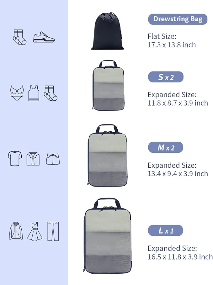 ECOHUB 6 Set Compression Packing Cubes, Lightweight Cruise Ship Vacation Travel Essentials, Durable Travel Accessories for Suitcase Luggage Organizer Bags Set with YKK Zippers Shoe Bag, Dark Blue