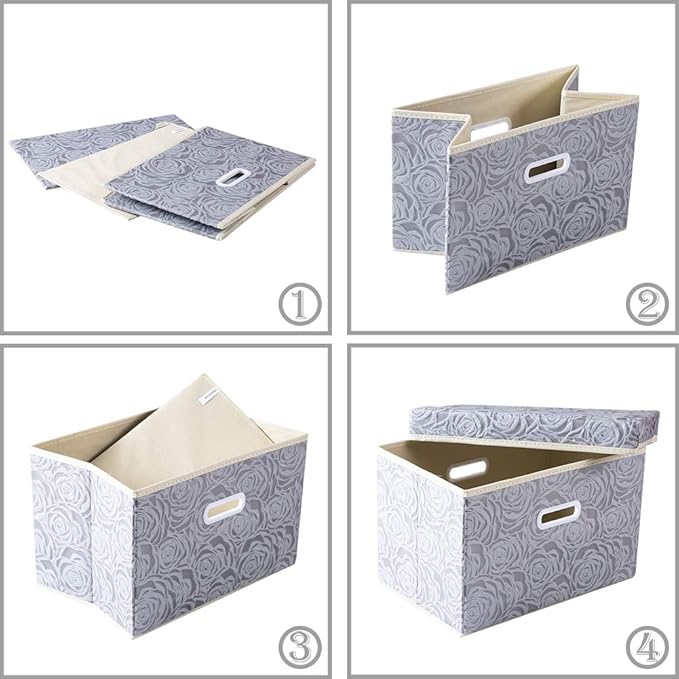PRANDOM Large Storage Boxes with Lids [5-Pack] Fabric Decorative Storage Bins Cubes Organizer Containers Baskets with Handles for Closet Grey 17.5x11.8x11.8 In For 6+ Year Old Boys and Girls