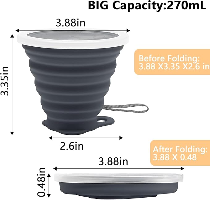 Litoexpe 4 Pack Silicone Collapsible Travel Cup Portable Folding Camping Cup Sets with Lids, Dark Gray & Pink & Navy Blue &Teal, Capacity 9.22oz (270ml)