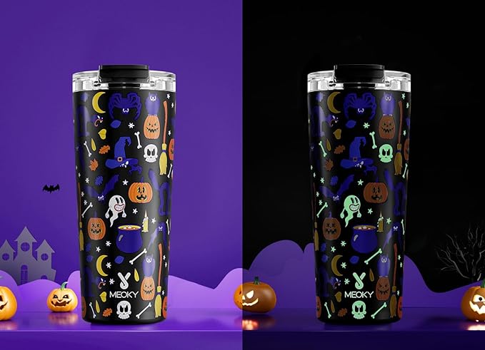 Meoky 24 oz Halloween Travel Coffee Mug with Leak-proof Lid, Glow in the Dark Stainless Steel Insulated Coffee Tumbler, Keeps Hot for 8 Hours, Fits in Car Cup Holder(Haunted Pumpkin)