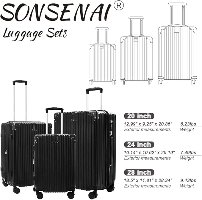 3-Piece Expandable Luggage Set Suitcase in Classic Black -Double Wheel Stability & Secure TSA Locks(20in24in28in)