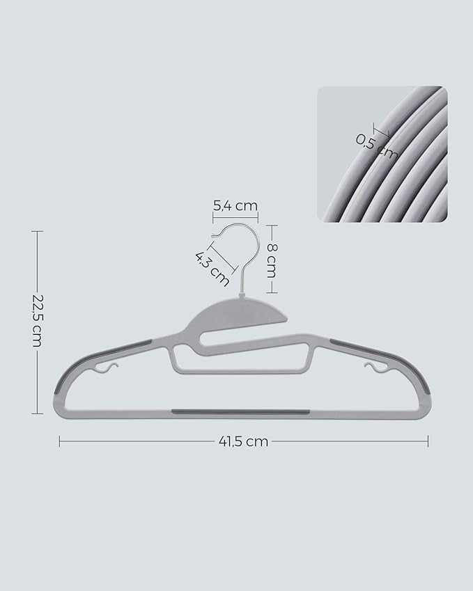 SONGMICS 50 Pack Coat Hangers, Heavy-Duty Plastic Suit Hangers, S-Shaped Opening, Space-Saving, 360º Swivel Hook, 16.3 Inches Wide, Light Gray and Dark Gray UCRP41G-50