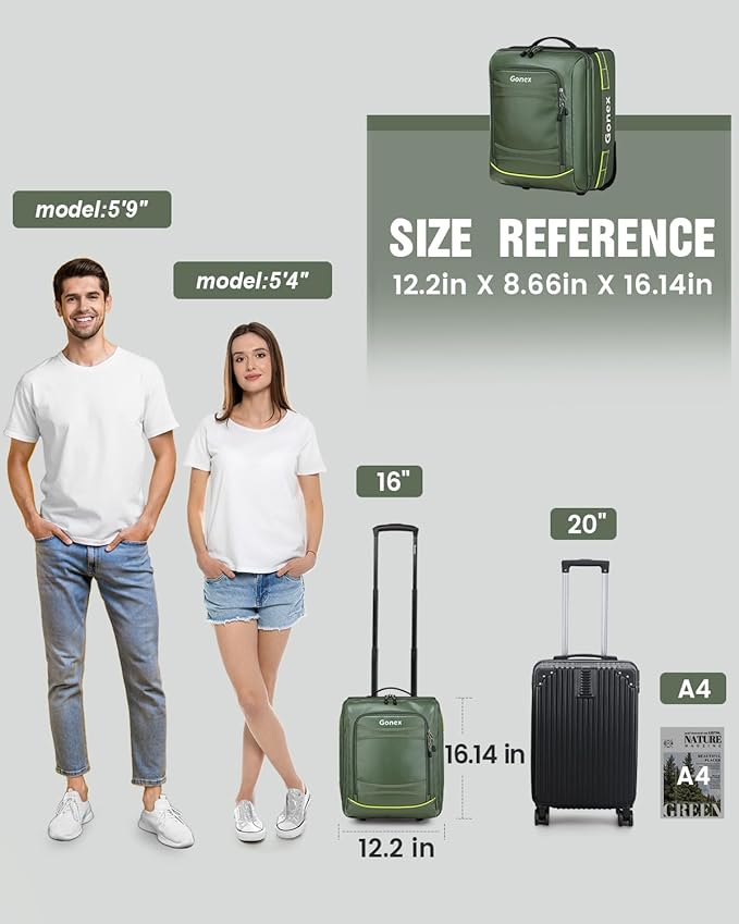 Gonex Waterproof Underseat Carry on Luggage with Wheels, 16 inch PVC Small Wheeled Travel Luggage for Airline, Rolling Overnight Weekender Suitcase for Men Women 30L, Olive Green