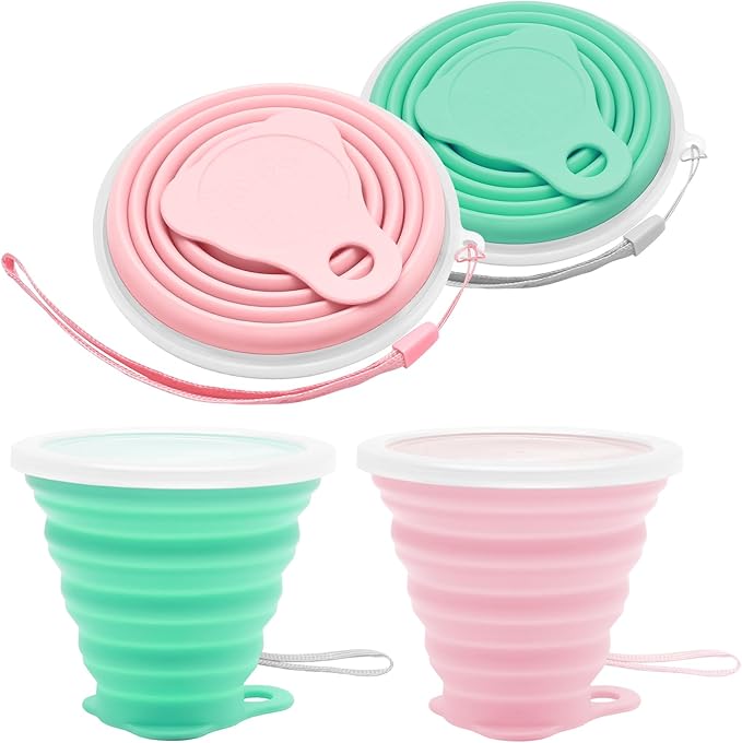 Litoexpe 2 Pack Silicone Collapsible Travel Cup Portable Folding Camping Cup Sets with Lids, Pink & Green, Capacity 9.22oz (270ml)