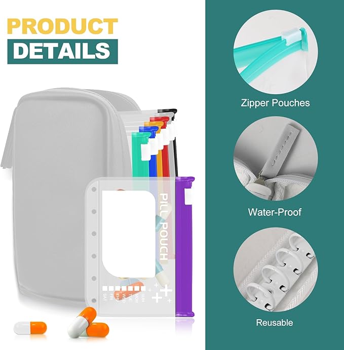 A7-L Water-Proof Pill Pouch Set， Large Pill Organizer, BPA Free, A7-L Pill Loose-Leaf Storage with Color-Coded Medicine Pouches, Reusable Travel Medicine Organizer， Zippered Pill Organizers Weekly
