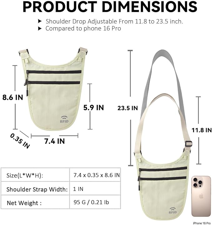 Crossbody Money Belt for Travel Women & Men Hidden, Travel Wallet Pouch - Slim Passport Holde, RFID Blocking Neck Wallet Under Clothes to Protect Cash, Credit Cards and Documents (KHAKI)