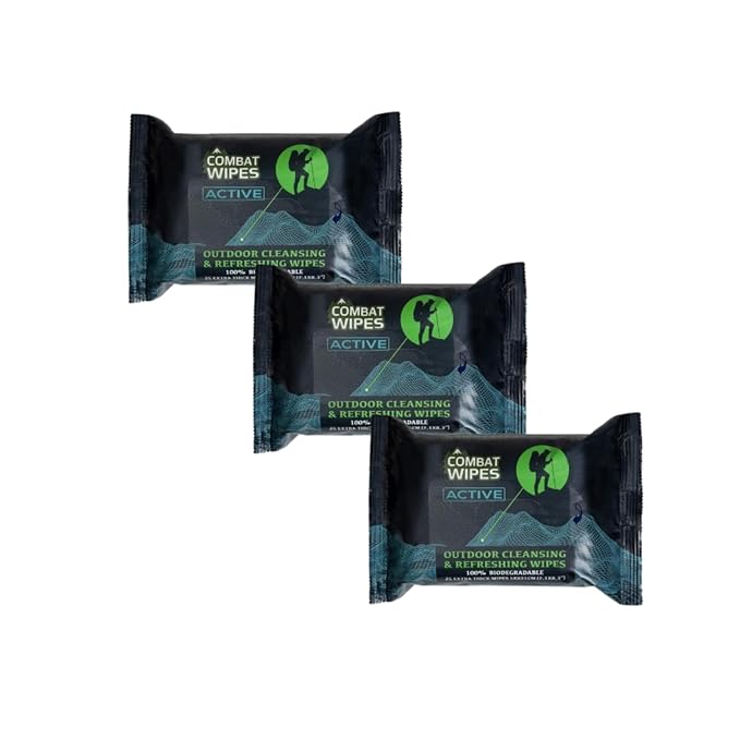 Combat Wipes ACTIVE Outdoor Wet Wipes - Extra Thick Camping Gear, Biodegradable, Body & Hand Cleansing/Refreshing Cloths for Backpacking & Gym w/Natural Aloe & Vitamin E (Active, 75 Counts)