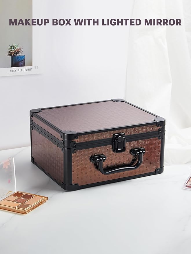 Qislee Makeup Box with A Detachable Lighted Mirror, Waterproof Travel Train Case, Cosmetic Organizer and Makeup Suitcase with Adjustable Dividers, Magnetic LED Mirror(Golden Brown)