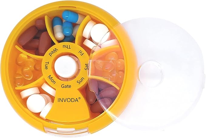 INVODA Weekly Pill Organizer 7 Compartment Rotating Pill Box for Daily Medication & Vitamins - Portable Travel Pill Case Fish Oil Supplements Vitamins Organizer (Green+Orange)