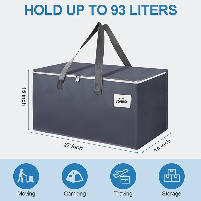 2 Pack Extra Large 93L Moving Bags, 60lb Heavy Duty Moving Totes with Triple-layered Thickening Technology, Strong Zippers & Handles, Easy Open Lids, Water-Resistant, Storage Totes, Fold Flat