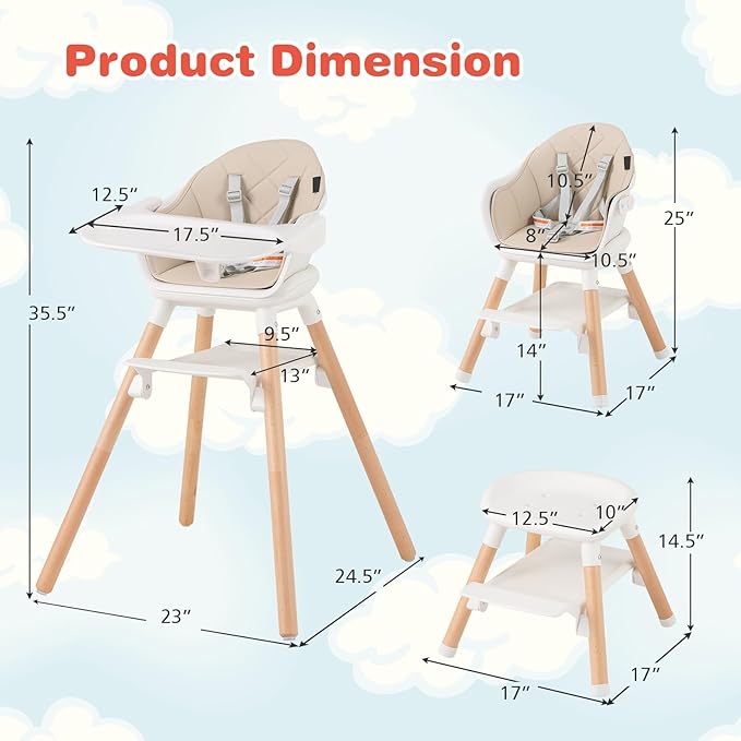 HONEY JOY Baby High Chair, 6 in 1 Convertible Wooden Highchair for Babies and Toddlers/Chair/Bar Stool, Removable Double Tray & Reversible Footrest, Safety Harness for Infant Boys Girls (Beige)